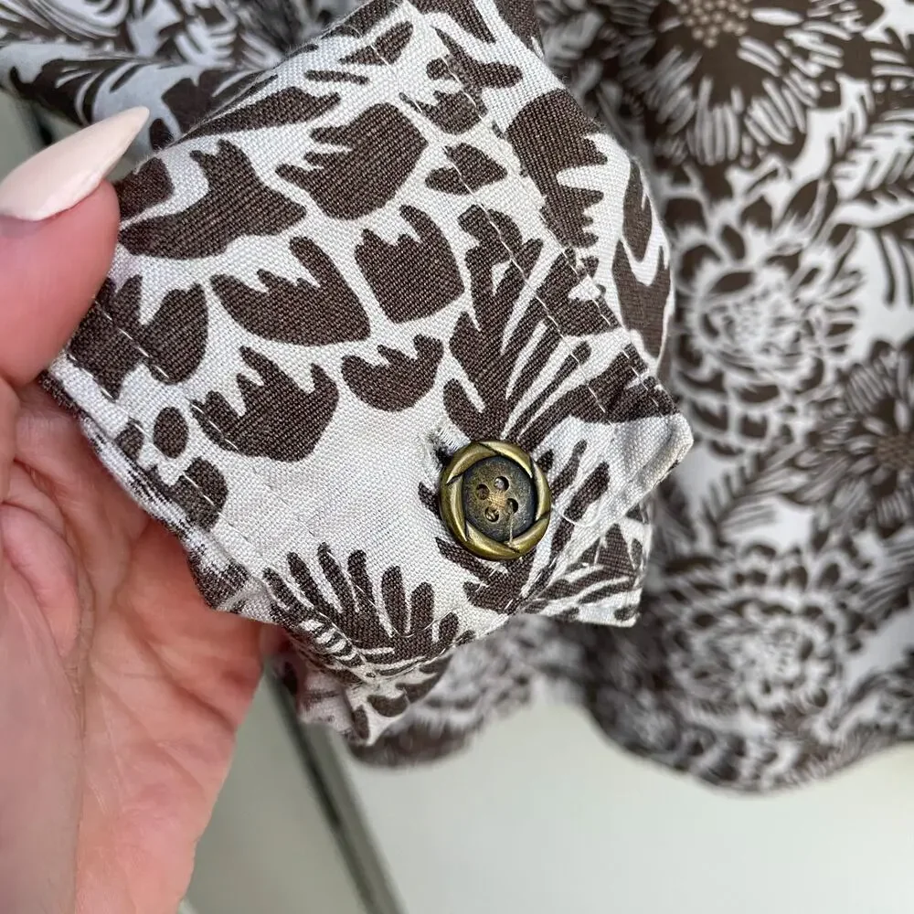 Brown Floral Linen Blend Lightweight Jacket Size XL Neutral Cottagecore Shacket